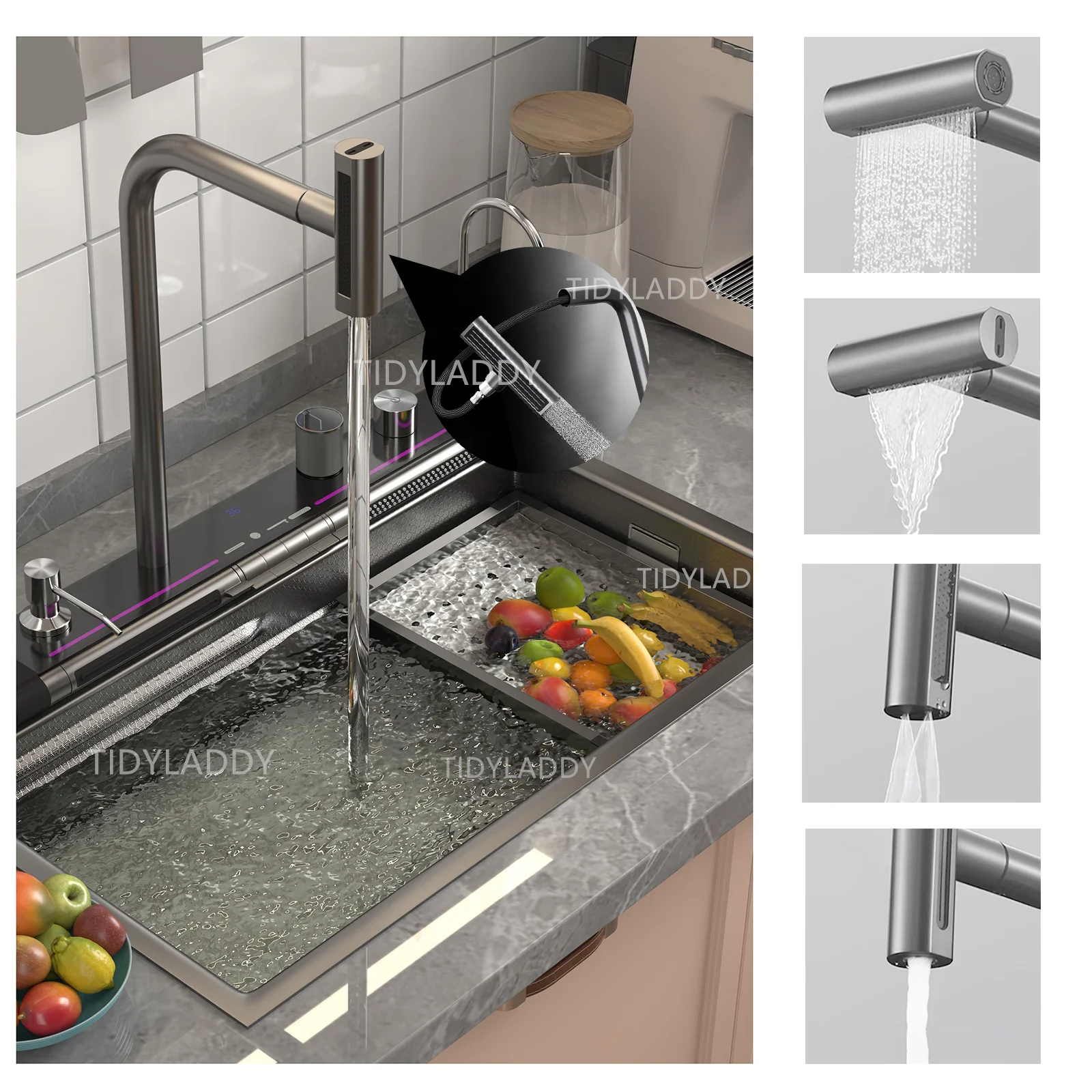 Imagem -04 - Inteligente Honeycomb Kitchen Sink Único Bowl Kitchen Sinks Display Digital Duplo Cachoeira Modern Workstation Aço Inoxidável