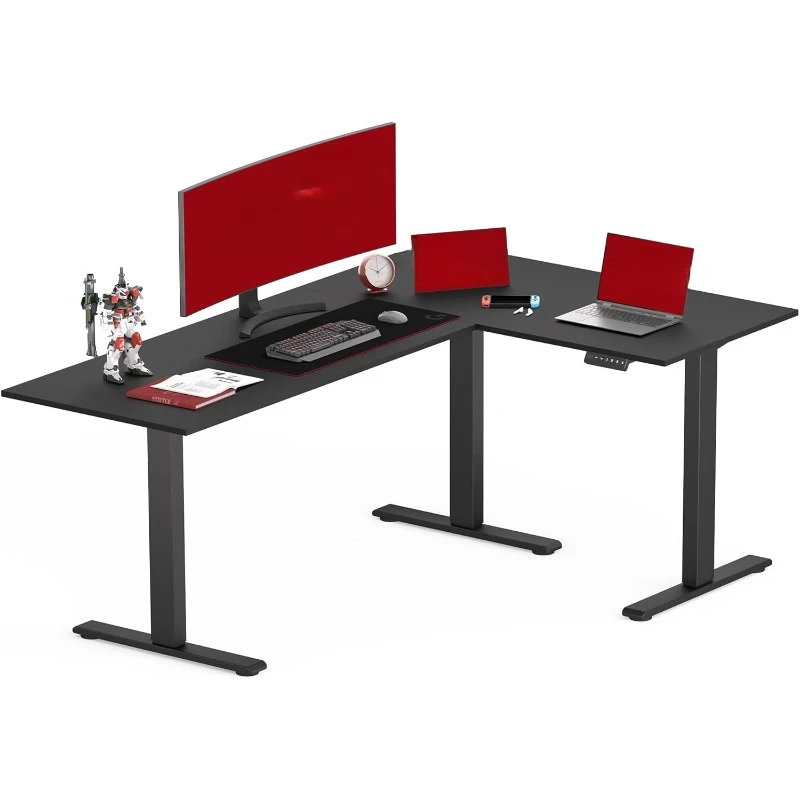 Electric Height Adjustable 71 x 48 inch Corner Stand Up Desk, Black Table Top, Black Frame, L-Shaped Standing Workstation