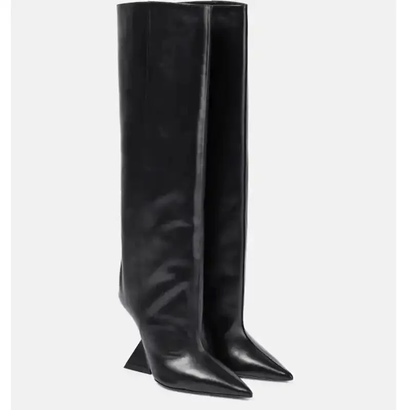 Attractive Strange Heel Women Spring Autumn Pointed Toe Knee High Boots Female Slip On Black Brown Blue Long Boots Shoes