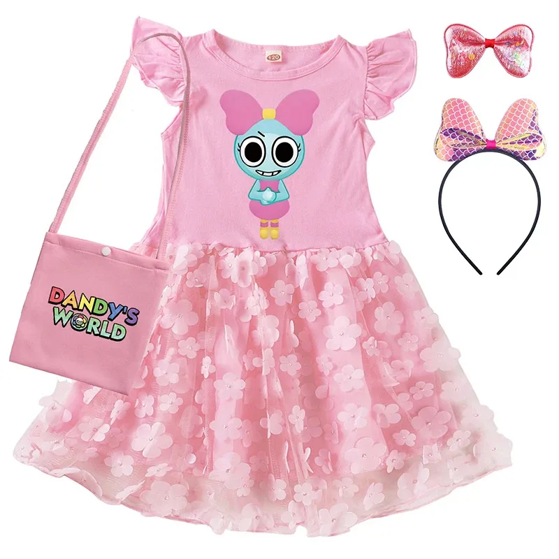 Dd54Anime Dandy's Dress 키즈 캐주얼 포켓 의상 아기 소녀 Dandys World Ears 드레스 (가방 머리띠 포함) 유아 소년 Clo