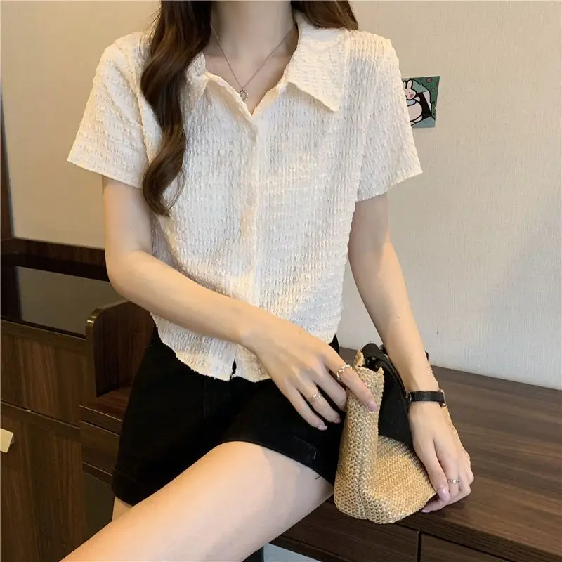 Sweet White Tops Y2k Solid Single-breasted Lace Blouses Women Retro Sexy Hollow Out Shirts Ladies Summer Fold Lace Tee Shirts