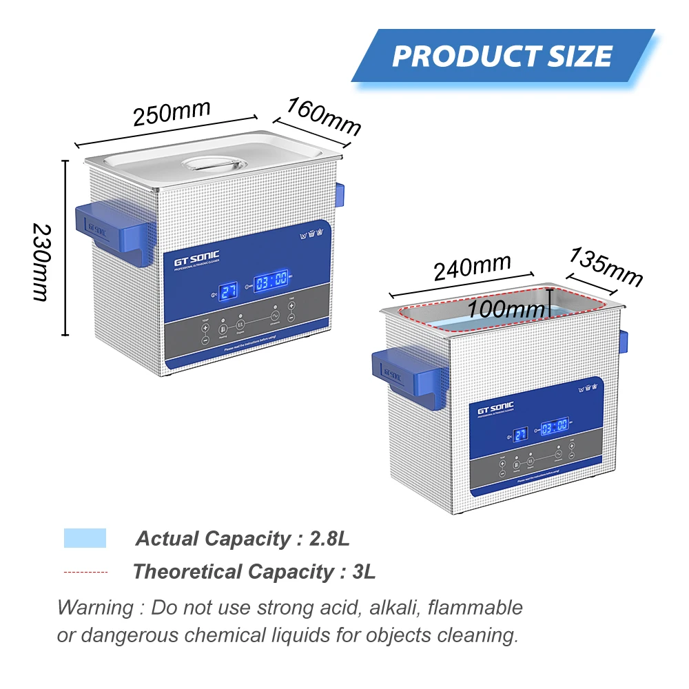 GT SONIC 3L Ultrasonic Cleaner Heater Timer Degas 100W Powerful Temperature Spare Parts Oil Rust Removal Surgical Clinic Clean