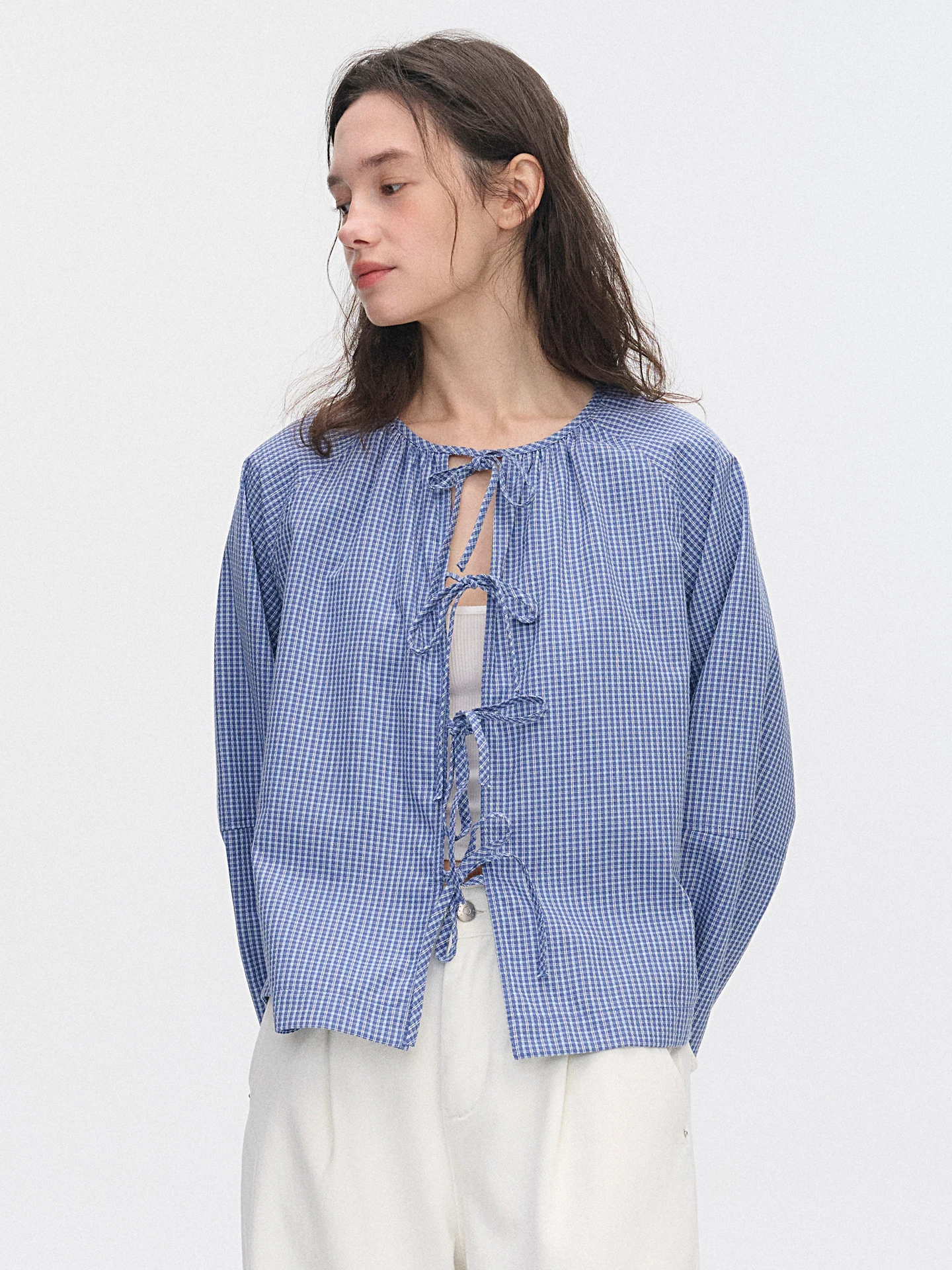 

Весенняя женская рубашка из чистого хлопка в клетку с узлом, укороченная, в французском стиле, свободного кроя, дышащая, с длинным рукавом