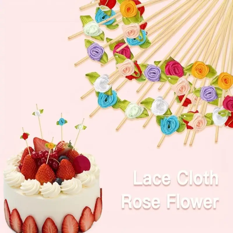 100 Stück Rosen-Bambusstäbchen mit Blättern, rot, blau, weiß, Obstgabeln, Cocktail-Rührstäbchen, Geburtstags-, Hochzeits- und Partydekoration – Detail 3