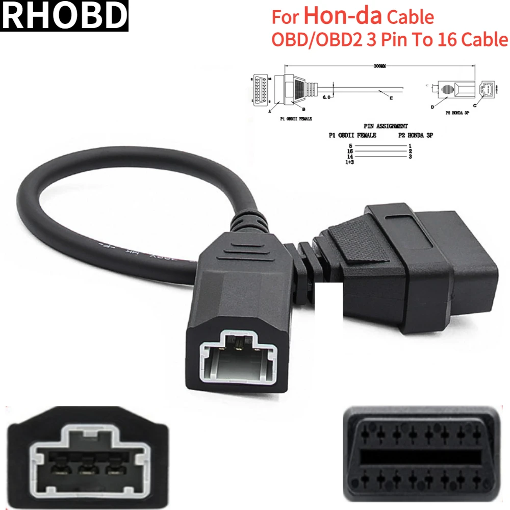 HOT!! Latest OBD2 Cable for Hon/da 3pin OBD1 Adapter OBD2 OBDII for Hon/da 3 Pin To 16 Pin Connector Compatible Diagnostic Tool