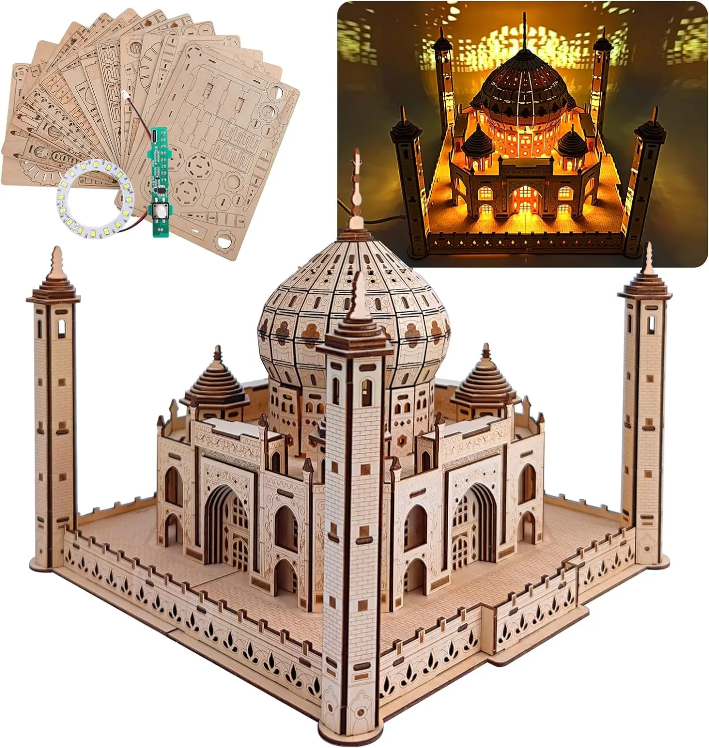 3D Puzzle Wooden House Model Royal Castle Taj Mahal With Light Wood Assembly Toy For Kids Adult DIY Model Kits for Gifts