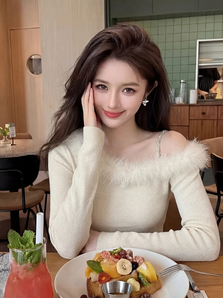 Ele – vêtements intérieurs tricotés blancs pour femmes, avec col en fourrure, Design asymétrique, printemps Faion