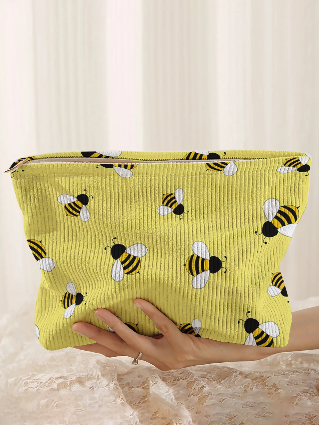 Bee patterned corduroy makeup bag, lightweight zipper pouch, multifunctional lined bag for cosmetics