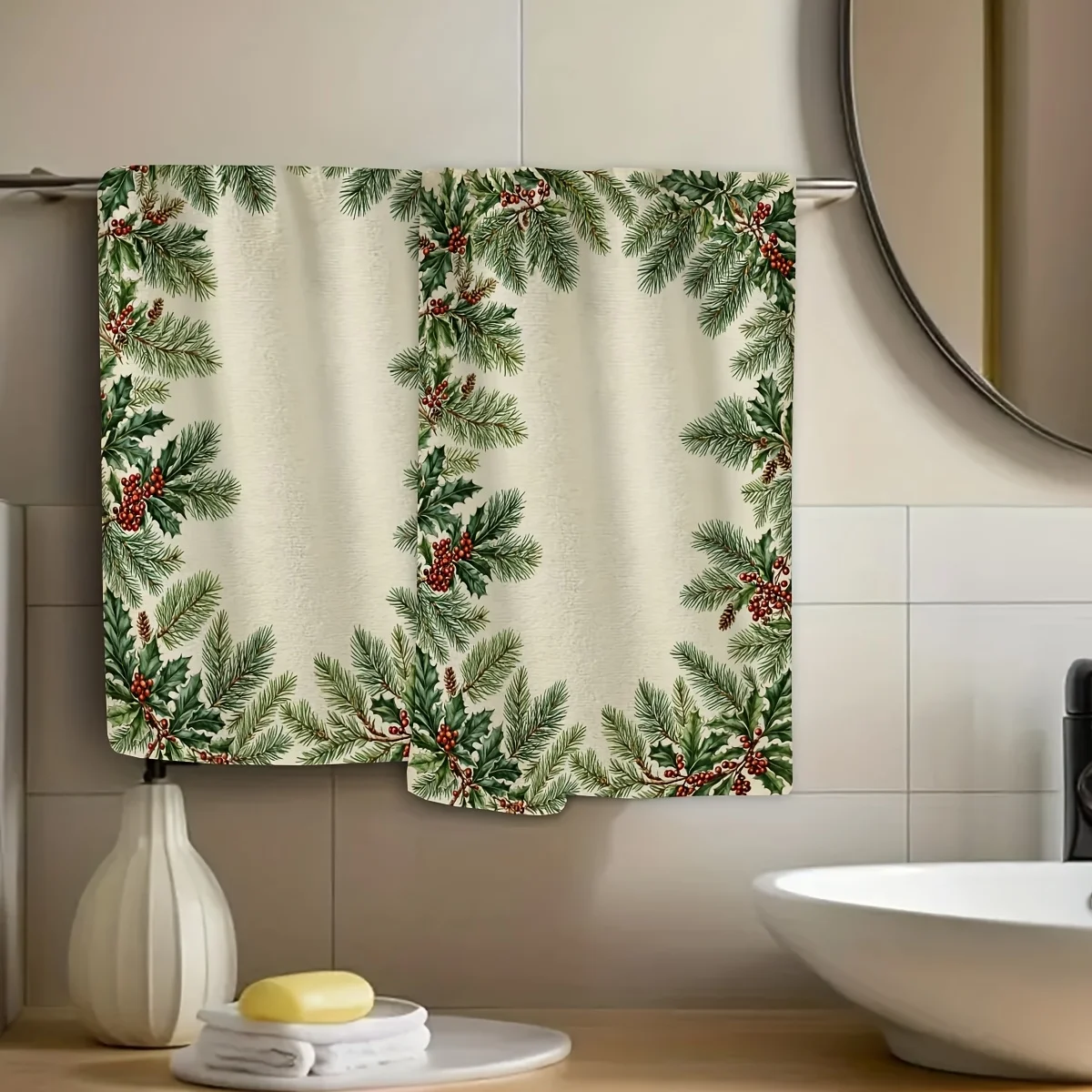 2Pc, Christmas wreath travel essential towel, autumn gift printed pattern towel, striped design,