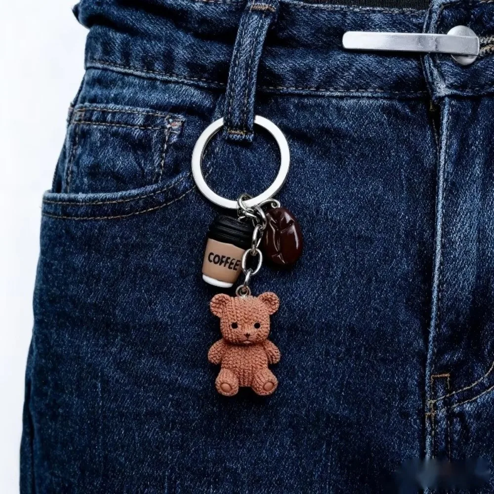 Cute Resin Bear Coffee Keychain Mini with Metal Ring Closure Pendant Keychain Cartoon Bag Charm Birthday Party Favors