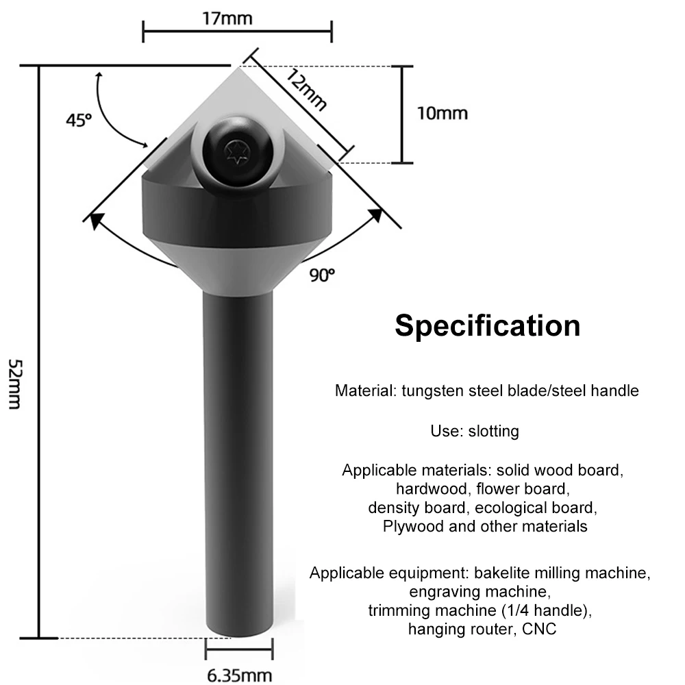 Industrial Grade V Groove Carbide Insert 90 Degree Router Bit 1/4 Inch Shank Single Flute for CNC Wood Engraving Chamfer Carving