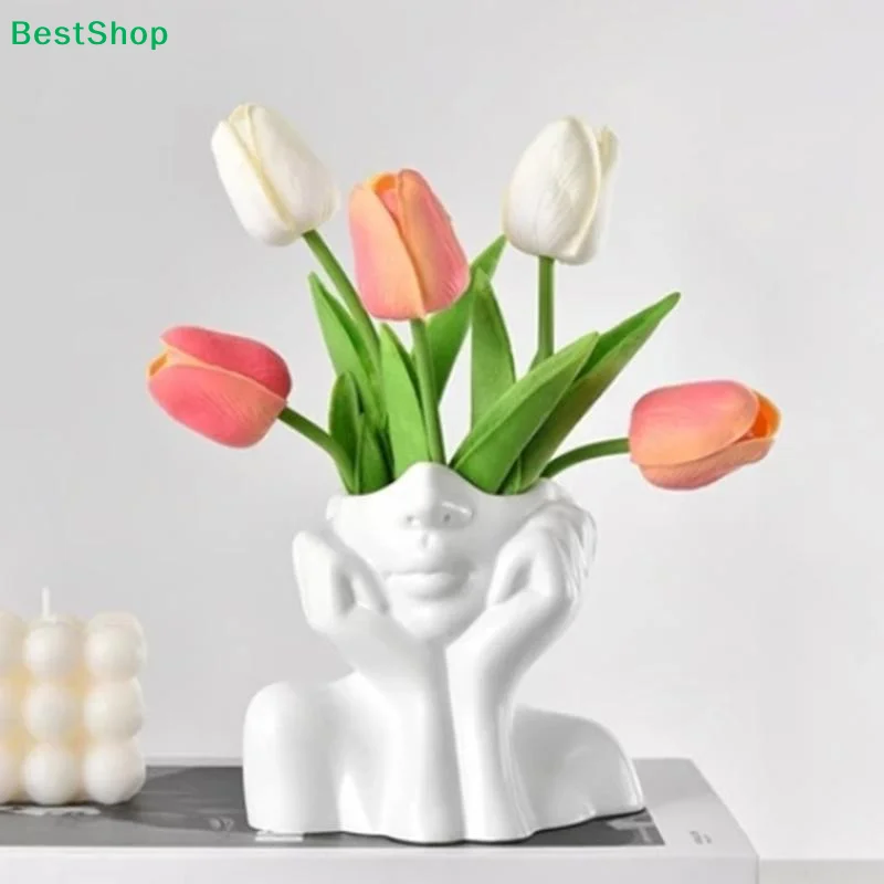 ♩Modern Abstract Human Face Plastic Vase,Creative Art Bust Flower Pot with Hands,White Sculpture Vase for Home Decor
