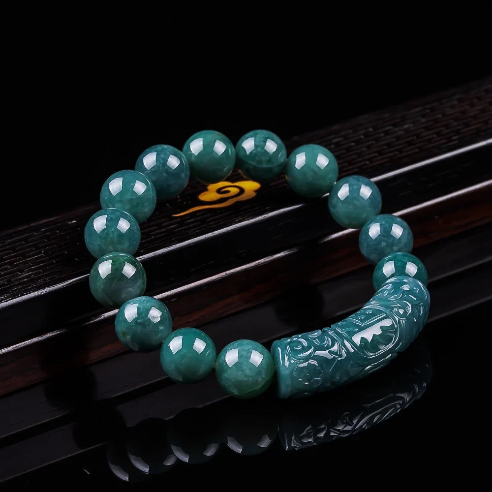 Natural Blue Water Jade Fu Character Pattern Curved Strip 13mm Bracelet, Icy-grade Jade Beads Necklace, for Men