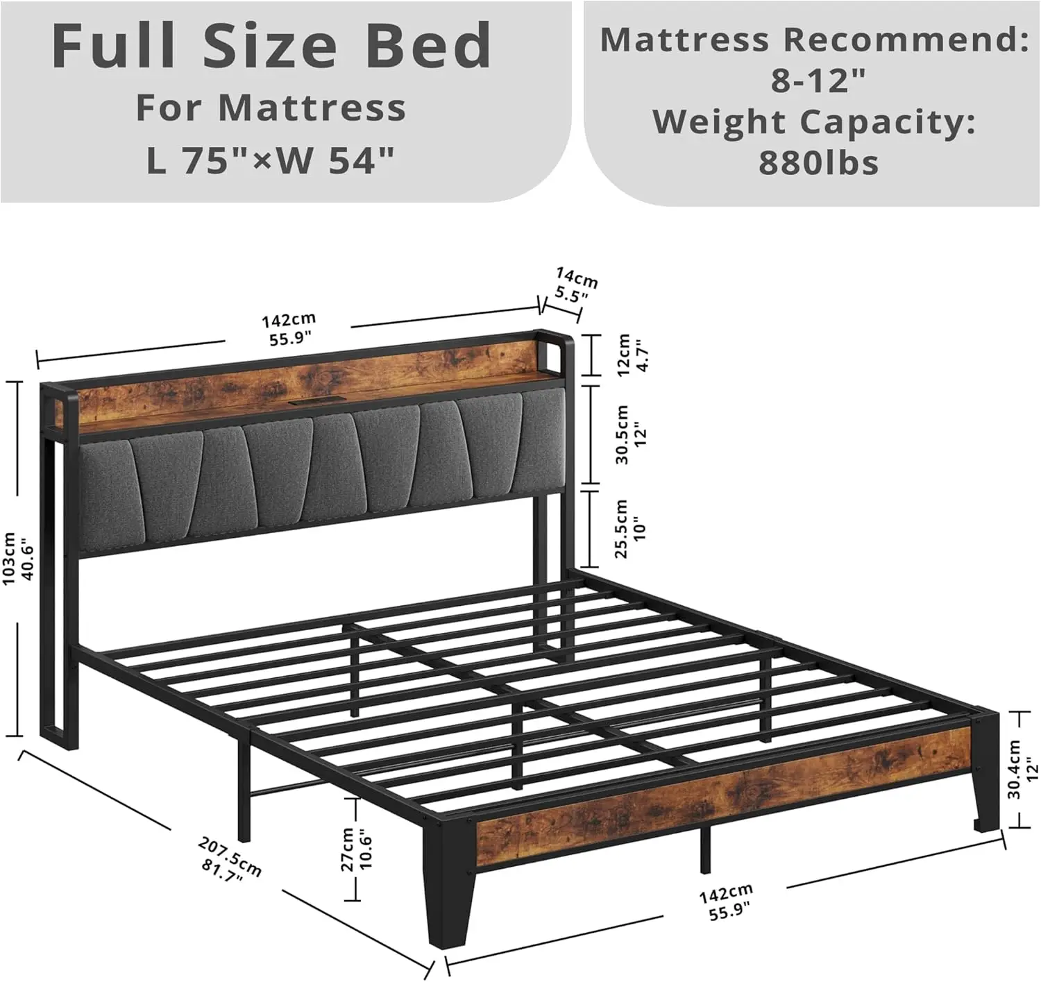 Bed Frames, Storage Headboard with Charging Station, Solid and Stable, Noise Free, No Box Spring Needed, Easy Assembly