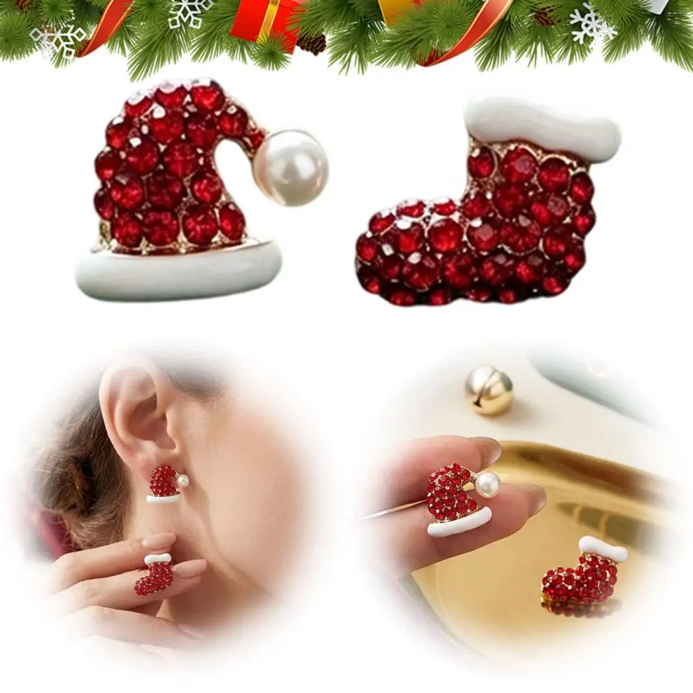 1 Pair Christmas Stud Earrings Sparkly Red Rhinestone Stocking And Santa Hat Earrings, Holiday Jewelry Gifts for Women