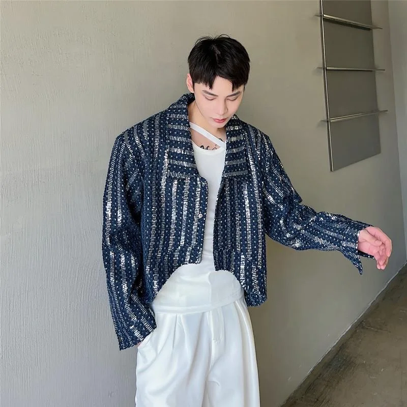 Kpop Y2K Denim Squined Coat Jackek Male Striped Chic Charming Handsome Tops Stage Singer Romantic Date Party Club Sexy Jackets