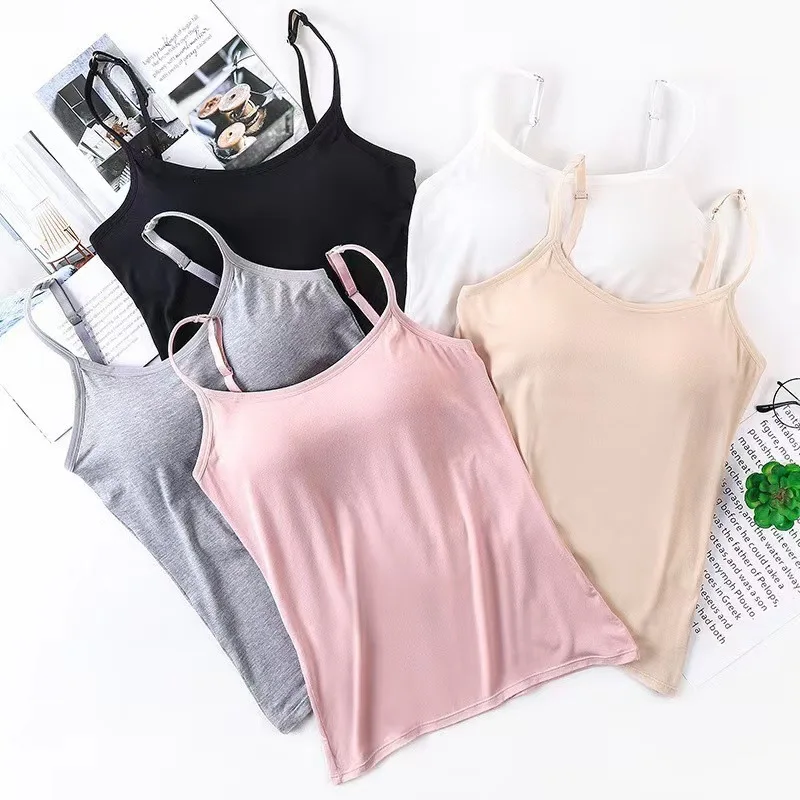 Undershirt Solid Color Smocked Camisole Tank Top with Bra Pads Tops Female Summer Underwear Bottoming Anti-walking Bustie