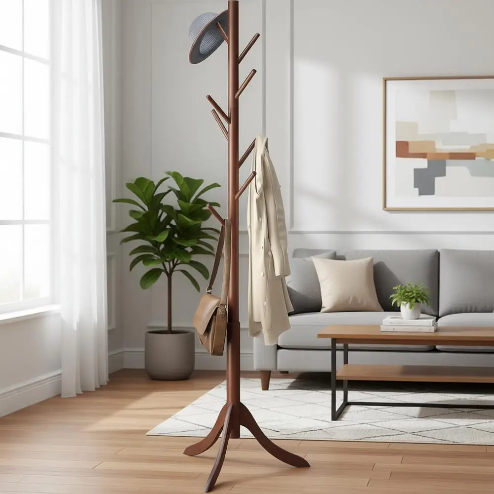 

Бамбуковая вешалка для прихожей с 8 крючками для шляп и зонтов (коричневая)