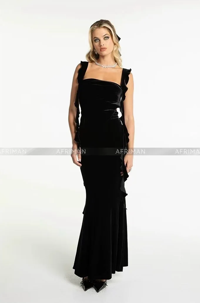 Women Sexy Backless Folded Waist Ruffles Ribbon High Split Trumpet Black Velvet Long Event Dress