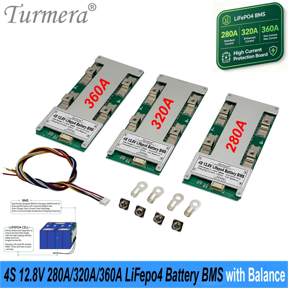 Turmera 4S 12.8V 280A 320A 360A LiFePO4 BMS with Balance for DIY 3.2V EVE CATL 280Ah 314Ah 320Ah 360Ah LiFePO4 Battery Pack Use