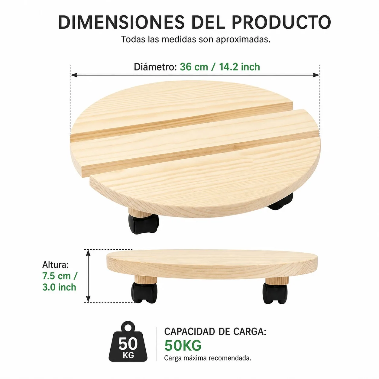 Support de pot de plante en bois naturel avec roulettes, base ronde de 36 cm pour plantes lourdes, plateforme avec 4 roulettes pivotantes à 360 degrés, charge maximale 50 kg, couleur bois clair