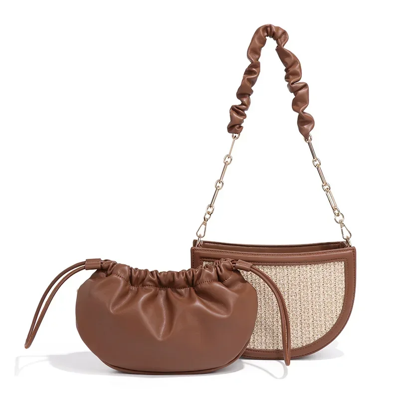 Fashion Straw Women Shoulder Bag Designer Female Composite  Handbags Handamde Woven Summer Beach Bag Chain Small Purse 2024