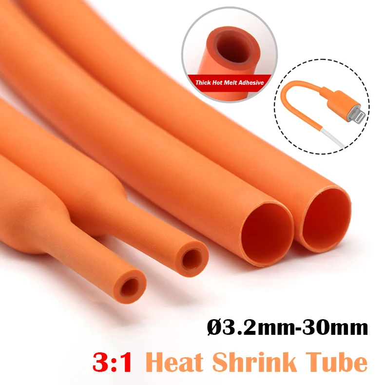 1~10meter 3:1 Orange Heat Shrink Tubing Ø 3.2/6.4/7.9/9.5/19.1/25.4/30mm Adhesive Glue Lined Waterproof Heatshrink Sleeve