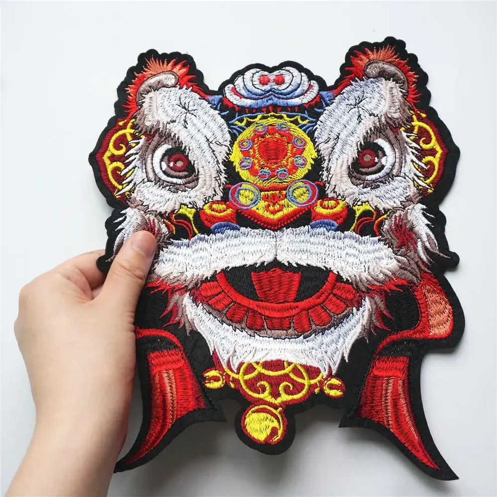 Red Chinese Lion Head Sew On Patches Embroidered Badges Lucky Animal For Clothes DIY Appliques Craft Decoration