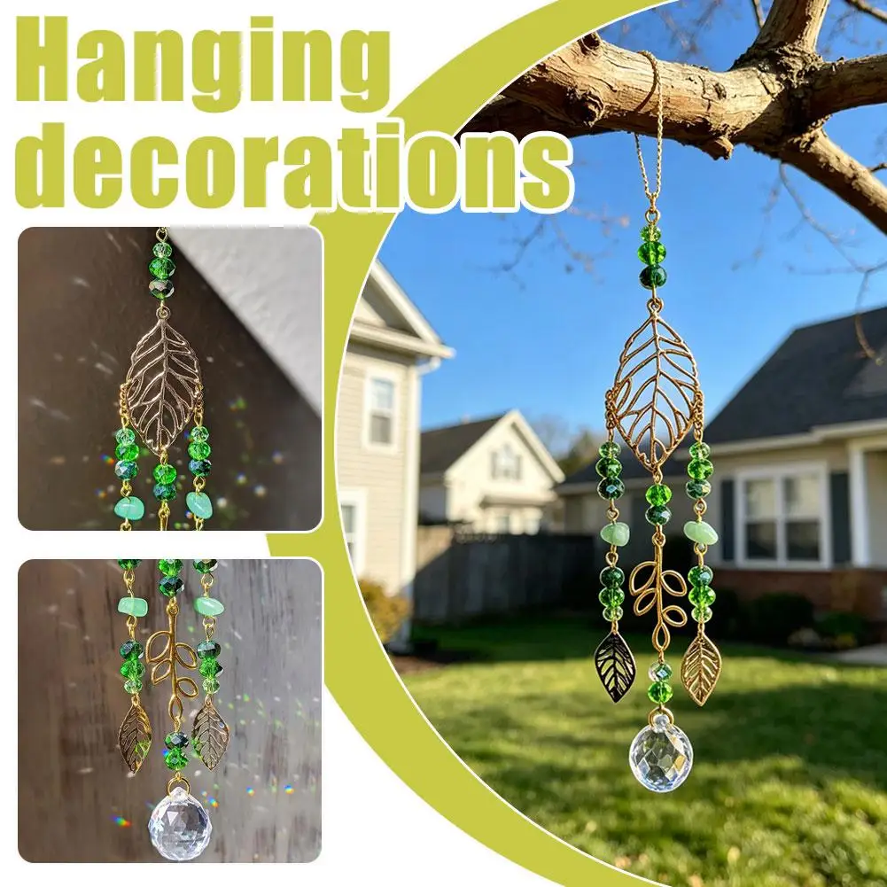 Tree Of Life Leaf Crystal Suncatcher Hanging Ornament,Green Bead Hollow Leaf Prism Pendant Window Home Garden Decor Hanging Gift