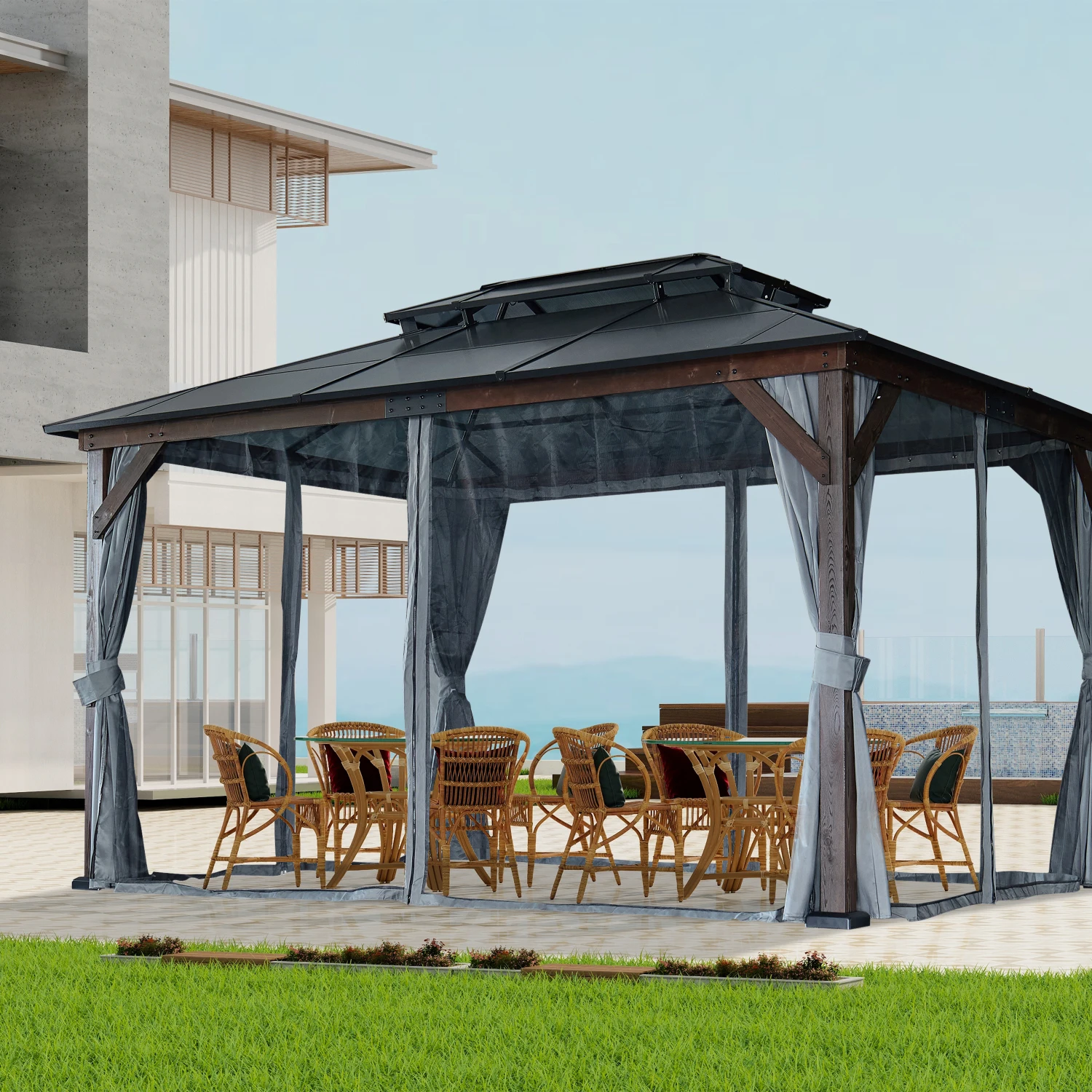 

10' x 13' Hardtop Cedar Wood Gazebo for Patios, Outdoor Cedar Framed Gazebo with Double Metal Roof, Solid Wooden Framed Gazebo w