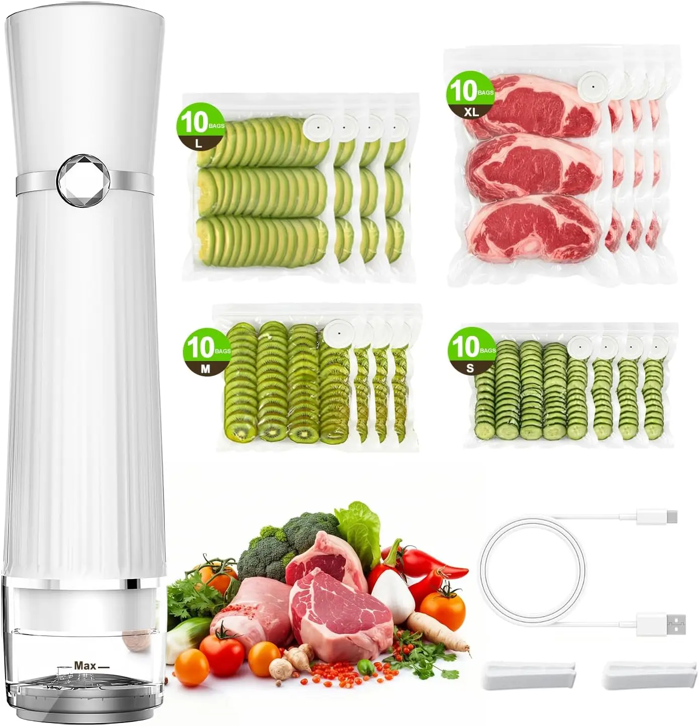 

Compact Handheld Vacuum Sealer with 40 Bags, 80Kpa Suction, 10x Freshness, Cordless, Reusable