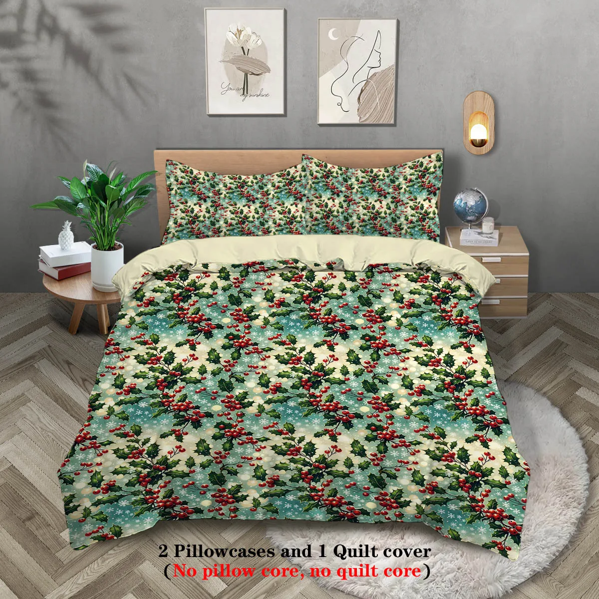 3pcs Christmas themed series set, featuring Santa Claus, and bear printed bedding patterns,For Bedroom, Guest Room