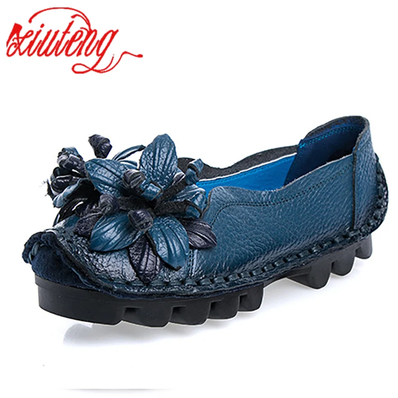 Xiuteng New National Wind Flowers Handmade Genuine Leather Shoes Women Retro Soft Bottom Flat Shoes Summer Canvas Ballet Flats