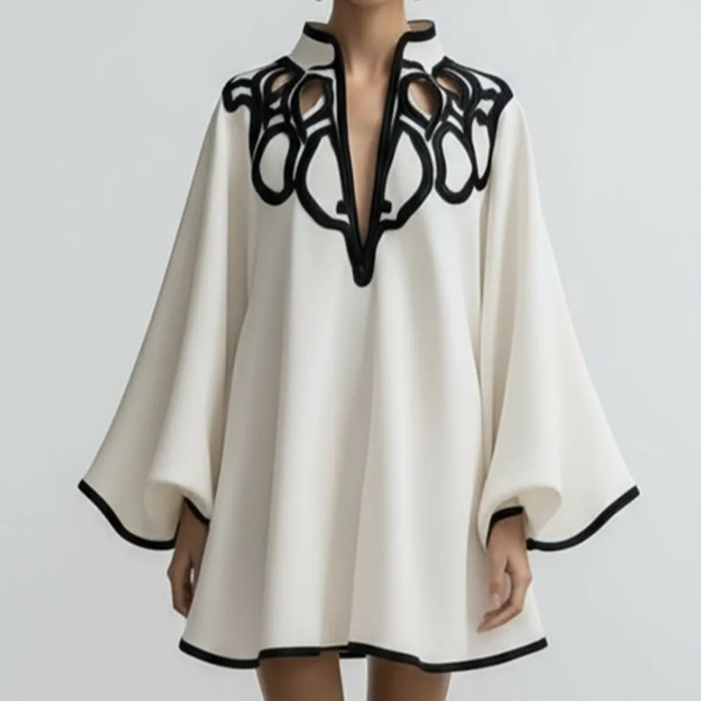 Image of Damen-Tunika-Kleid mit ausgehöhltem Cutwork-Besatz, schwarz-weiß, kontrastierender V-Ausschnitt, lange Ärmel, A-Linie, schickes, lässiges Urlaubsoutfit für Damen