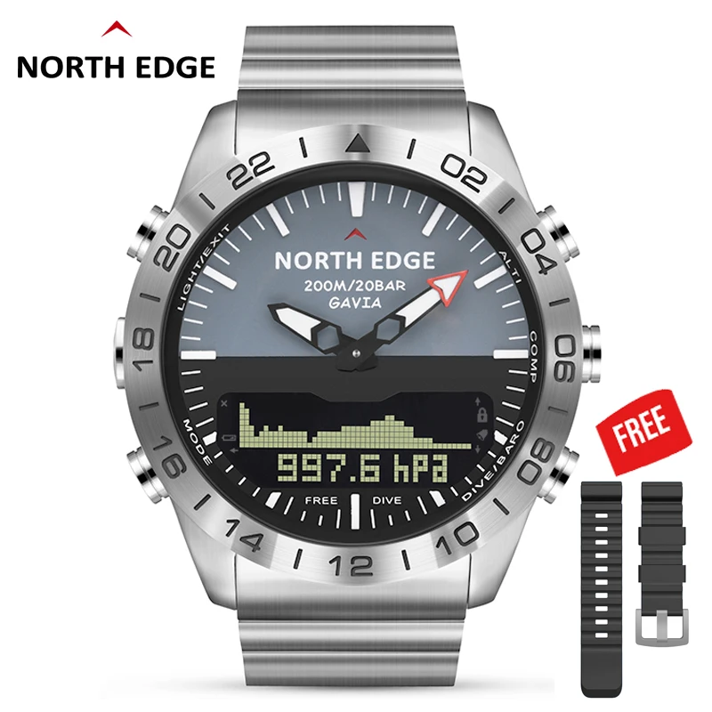 Heren Duiksport Digitaal horloge Herenhorloges Militair Leger Luxe Volledig staal Zakelijk Waterdicht 200m Hoogtemeter Kompas NORTH EDGE