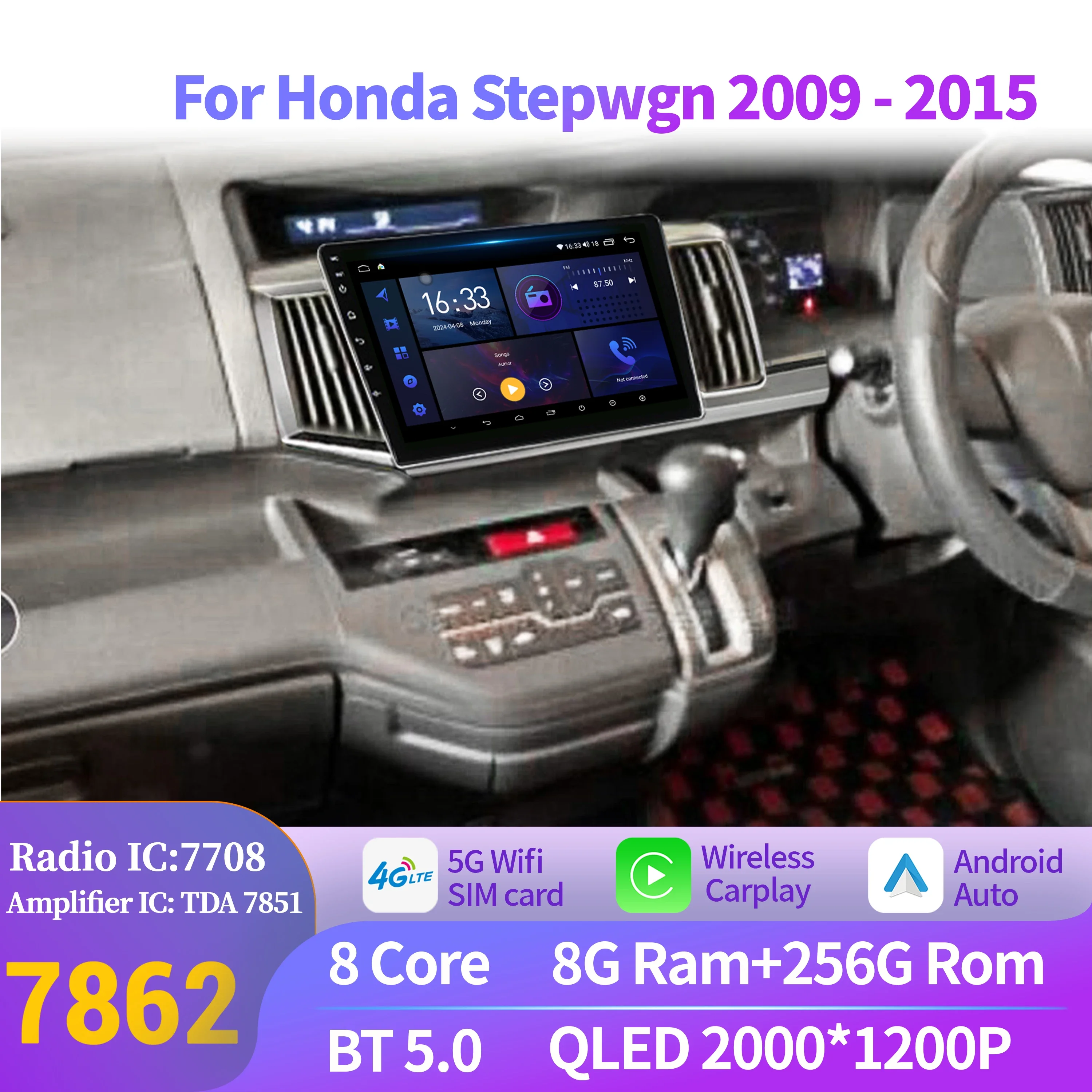 Android 14 For Honda Stepwgn 2009-2015 Car Radio Multimedia Navigation Universal Wireless Carplay 7862 8+256 2K QLED Screen