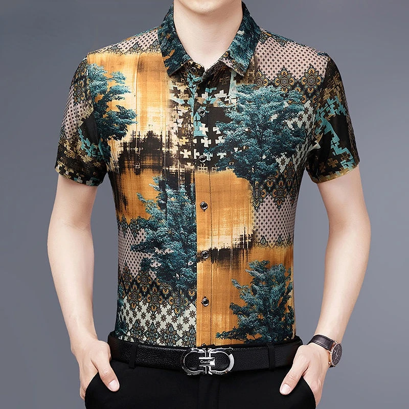 Y2k Vintage Men Summer Short Sleeve Floral Shirt Fashion New Printed Button Lapel Male Clothes Casual Loose Ice Silk Tops 2023