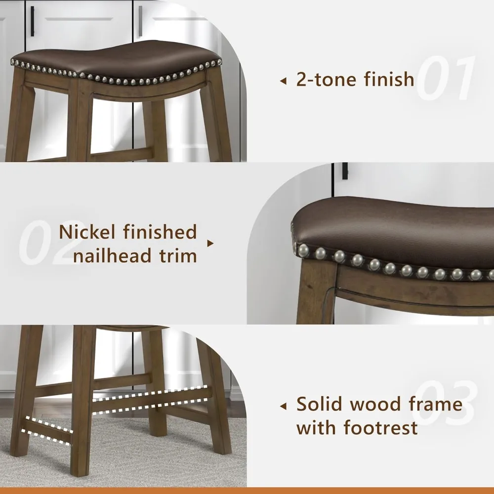 Taburetes de comedor de madera maciza: taburetes de bar de cocina con asiento en sillín, altura de 19", acabado marrón para espacios entretenimiento informales