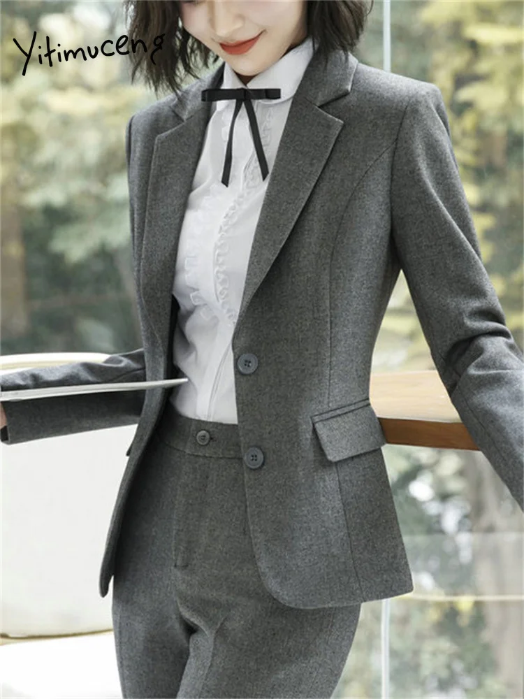 Yitimuceng Office Ladies Pants Suits for Women 2023 New Long Sleeve Single Breasted Slim Formal Blazer Suits Pants 2 Piece Set