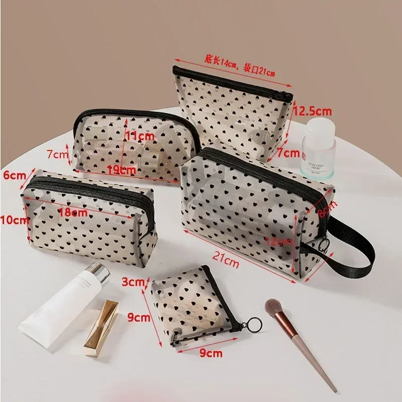 1pcs Women\'s Mesh Makeup Bag Cosmetic Bags Travel Toiletry Wash Case Handbag Organizer Female Storage Make Up Cases Heart Print