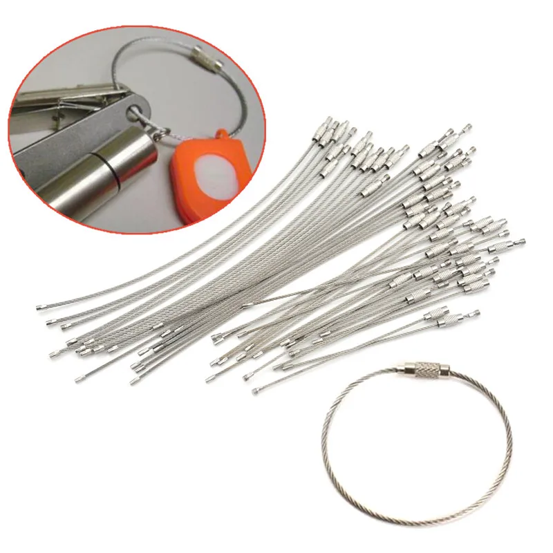 EDC Stainless Steel Keychain Tag Rope, Cabo de fio Loop, Parafuso de bloqueio Gadget, Anel Chave Chaveiro, Círculo Acampamento Pendurado Ferramenta, diâmetro 1.5-2mm