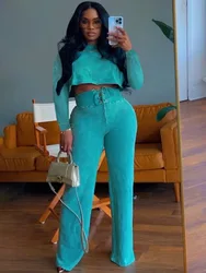 Solid Casual Two Piece Set for Women Sweatsuit Sporty Fitness Long Sleeve Crop Top and Lace-up Wide Leg Pants Joggers Tracksuit