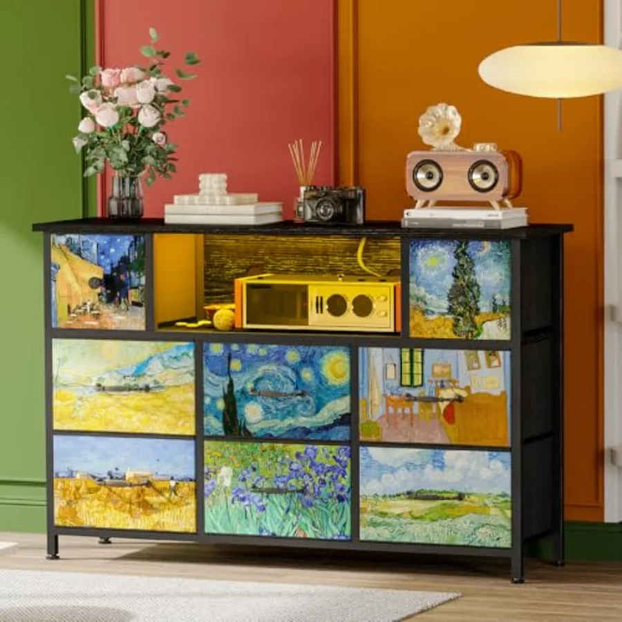 

Dresser for Kid Bedroom with Power Outlets and LED Lights Van Gogh Black Dresser 55" TV Stand with 8 Drawers Fabric Chest of Dr
