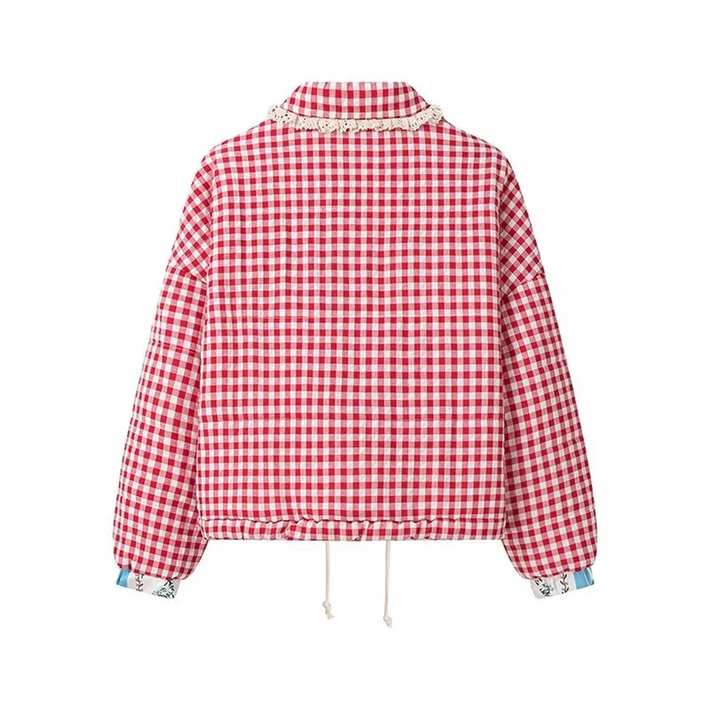 Red Green Black Three Color Round Neck Long Sleeves Heart Pocket Design Bottom Drawstring Women Loose Sweet Checked Coat ZATT