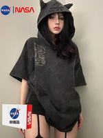 Little Devil Hooded Short-Sleeved Hip-Hop Men Women Do The Old Summer Cross Printing American Harajuku Couple Street Clothes