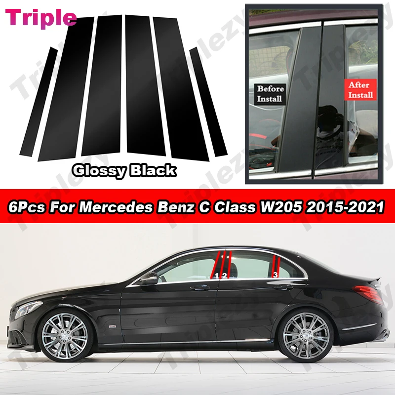 

6Pcs Glossy Piano Black PC Material Pillar Post Trim Sticker For Mercedes Benz C Class C160 C180 C200 C250 C300 W205 2015-2021