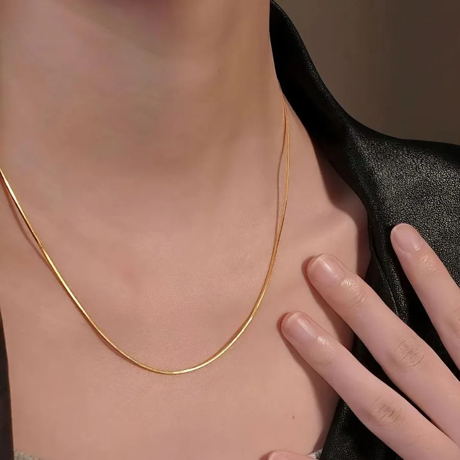 Luxury 24K 9999 Pure Gold real gold Snake Bone Thin Necklace Simple Women's Clavicle Chain