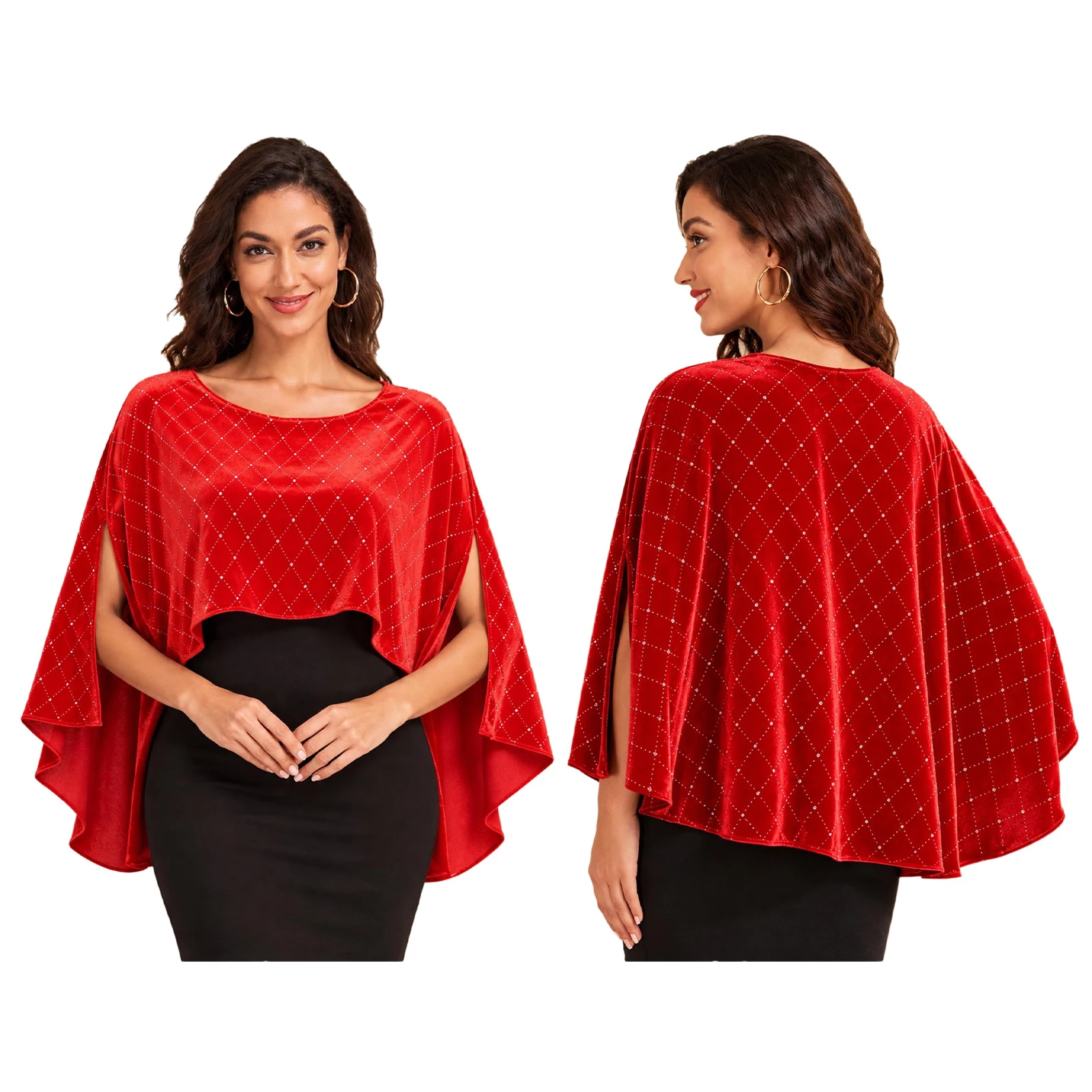 Women Christmas Metallic Rhombus Velvet Cape Side Split Asymmetrical Hem Wraps Top for Evening Party Xmas Holiday Celebration