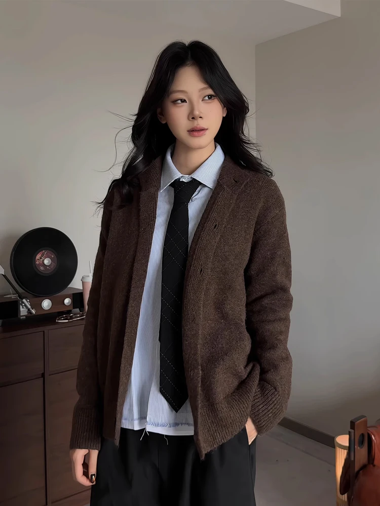 الأمريكية Preppy Sle محبوك سترة مفتوحة سترة الرجال ملابس خارجية غير رسمية فضفاضة موسم الخريف الراقية الشعور