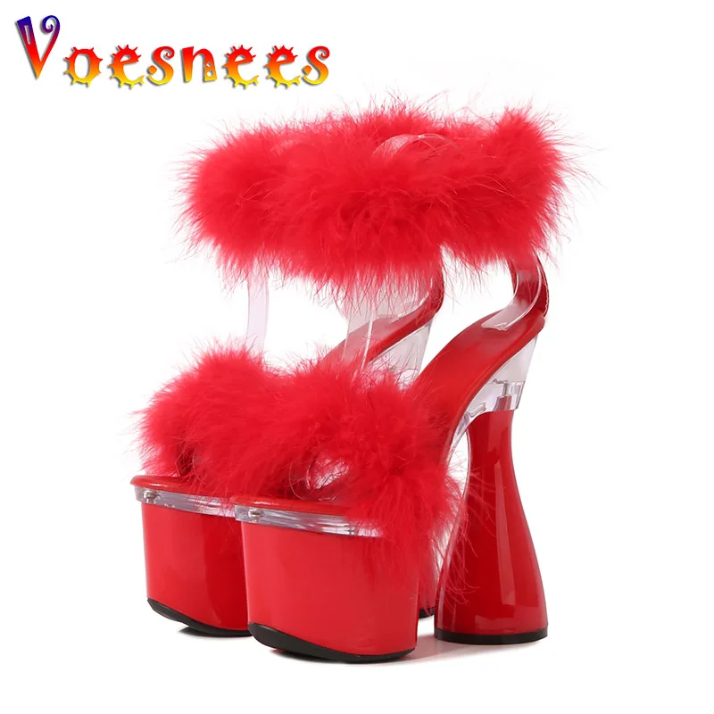 Women Sandals Summer 8CM Waterproof Platform New Fluffy Fur High Heels 2022 Ankle Furry Fashion Non-slip Model Stage Show Shoes